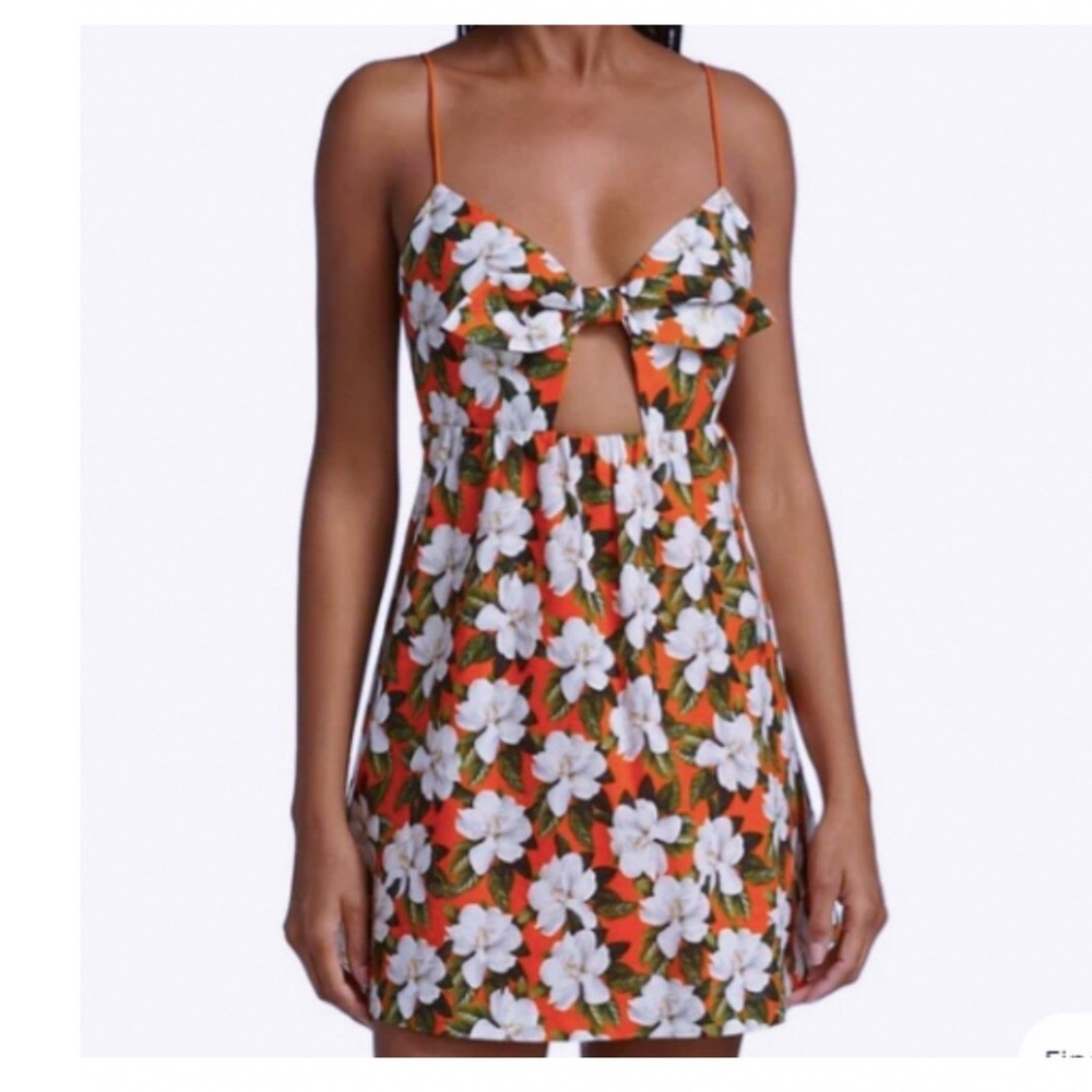 Alice + Olivia Melvina Orange Floral Tie Front Linen Babydoll Resort Mini Dress